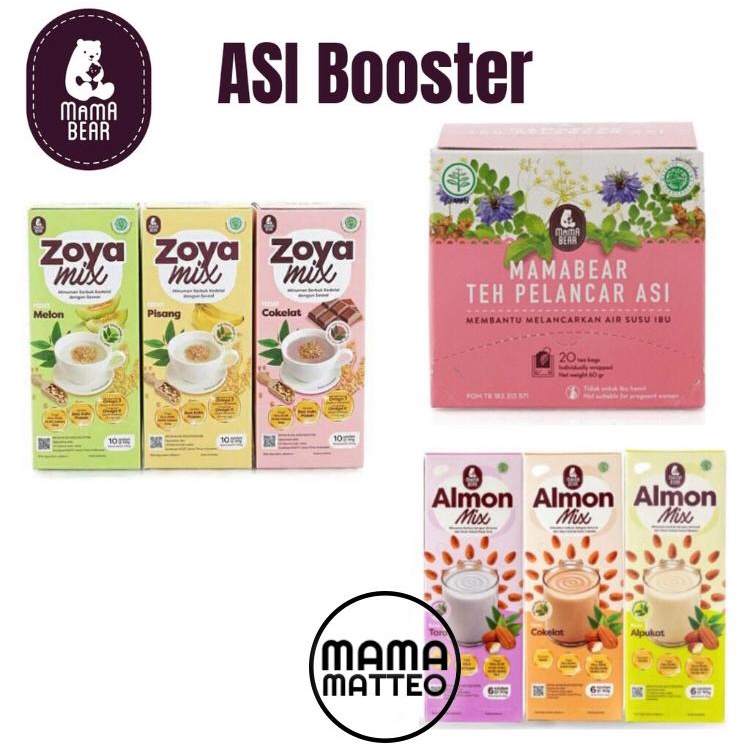 MAMABEAR ZOYA MIX ALMON MIX / MAMA BEAR TEH PELANCAR ASI BOOSTER ORIGINAL LEMONGRASS BLUEBERRY PEACH Mix isi 20 sachet / KUKIS ALMOND OAT / MAMABEAR BANDUNG