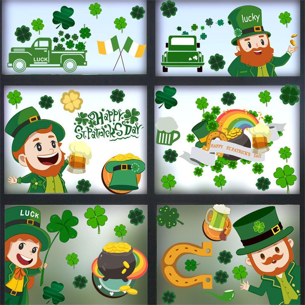 Populer St Patricks Day Dekorasi Rumah Statis Cling Lucky Green Clover PVC Stiker Dinding