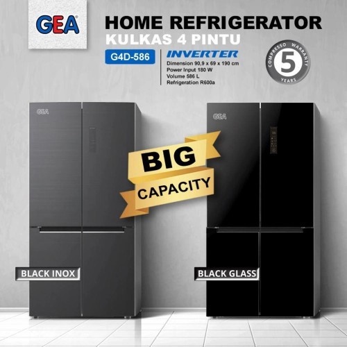 Lemari Es GEA G4D-586 Side By Side 568Liter / Kulkas 4 Pintu GEA G4D586 / Black Glass / Black Inox