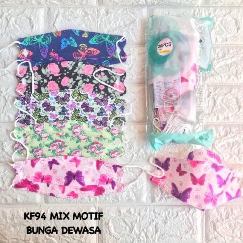 20PCS MASKER KF94 MOTIF BUNGA DAN KUPU KUPU MIX RANDOM 4PLY EARLOOP VINTAGE STYLE WANITA