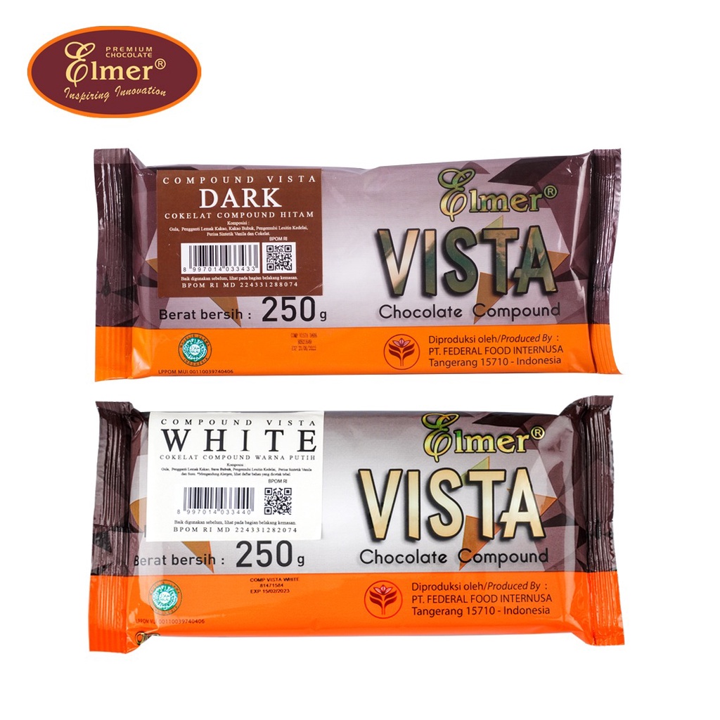 

Elmer Compound Vista Dark & White 250gr | Cokelat Hitam dan Putih | Cokelat Compound