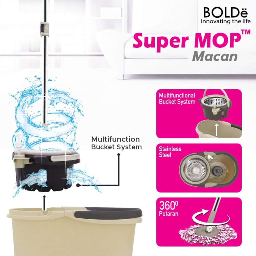 BOLDe Super Mop Macan Alat Pel Lantai BONUS Refill Kain Pel Microfiber