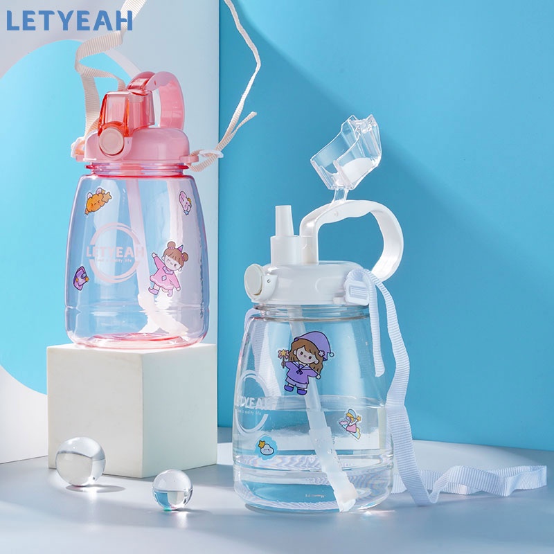 letyeah Botol minum 1.3 Liter dengan sedotan dan tali bahu/botol minum anak DIY sticker /BPA Free