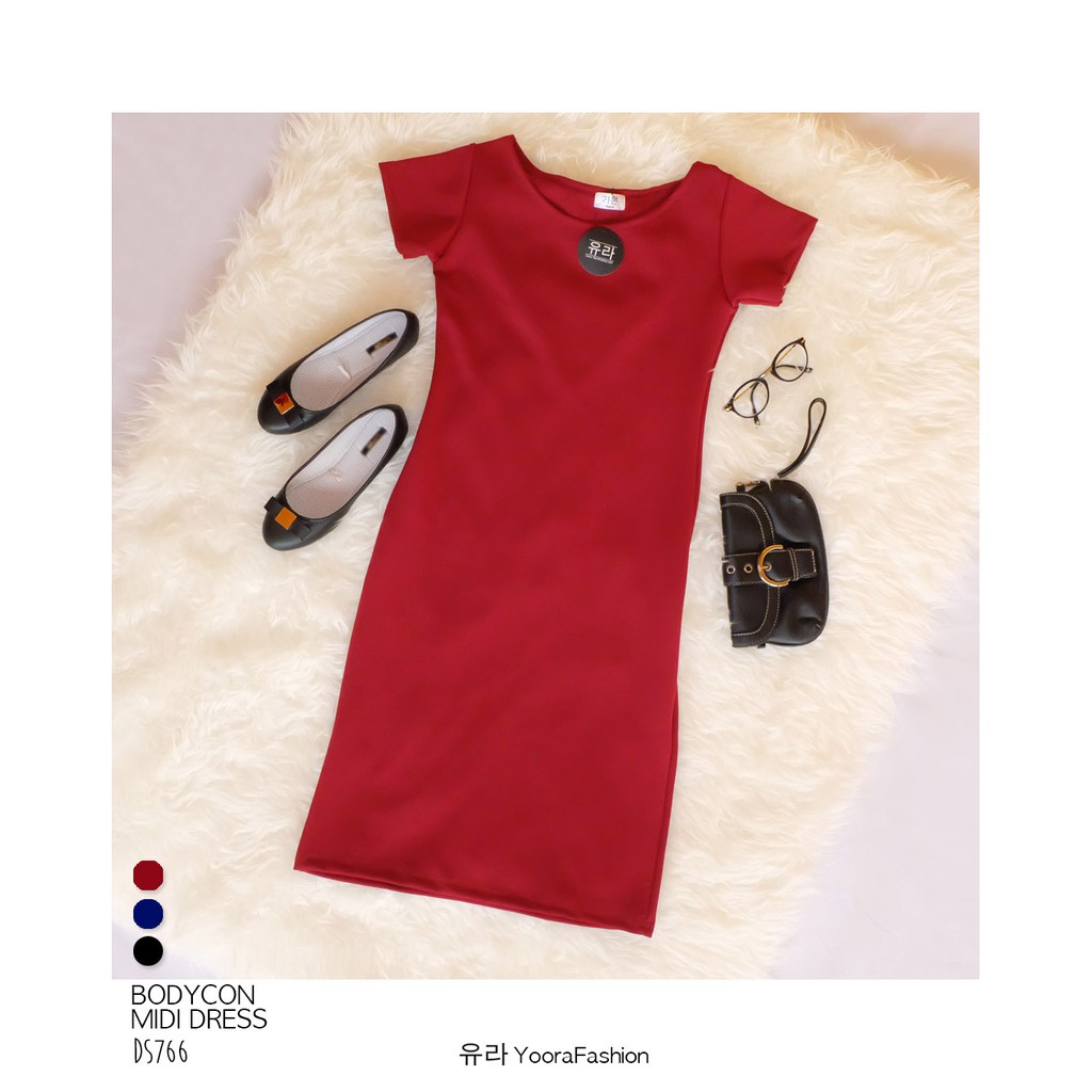 Scuba Bodycon Midi Dress Plain Dress Gaun Wanita DS766 !!!