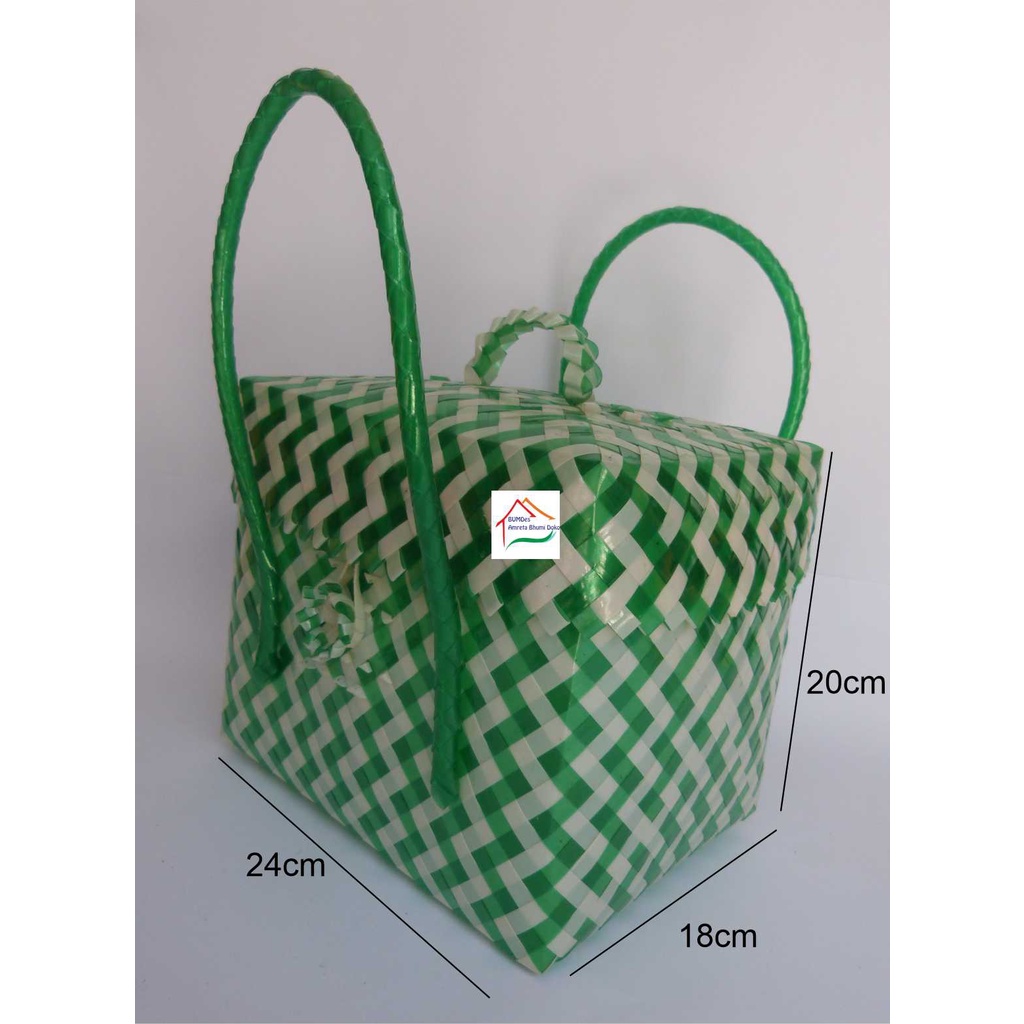 Tas anyaman plastik kotak pakai tutup, ukuran sedang