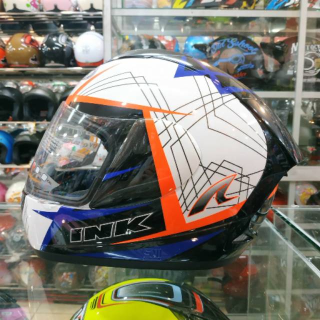 HELM SNI FULL FACE INK CL MAX SERI#3 WHITE/RYL BLUE/RED FLUO