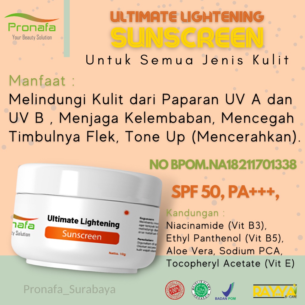 Cream Pagi Tabir Surya Pelindung wajah SPF 50 niacinamide  BPOM ULTIMATE LIGHTENING SUNSCREEN Pronaf