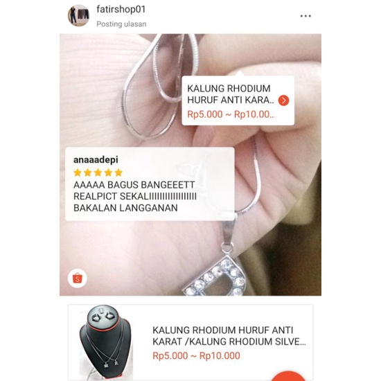 KALUNG RHODIUM HURUF ANTI KARAT /KALUNG RHODIUM SILVER HURUF ANTI KARAT JENIS RANTAI OMEGA + GIFT