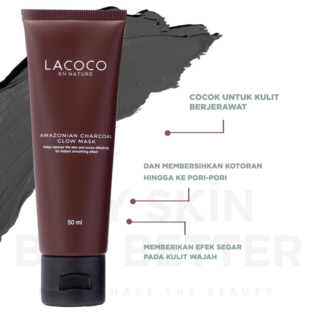 Lacoco Amazonian Charcoal Glow Mask Mengangkat Komedo dan Mengeringkan Jerawat di Wajah