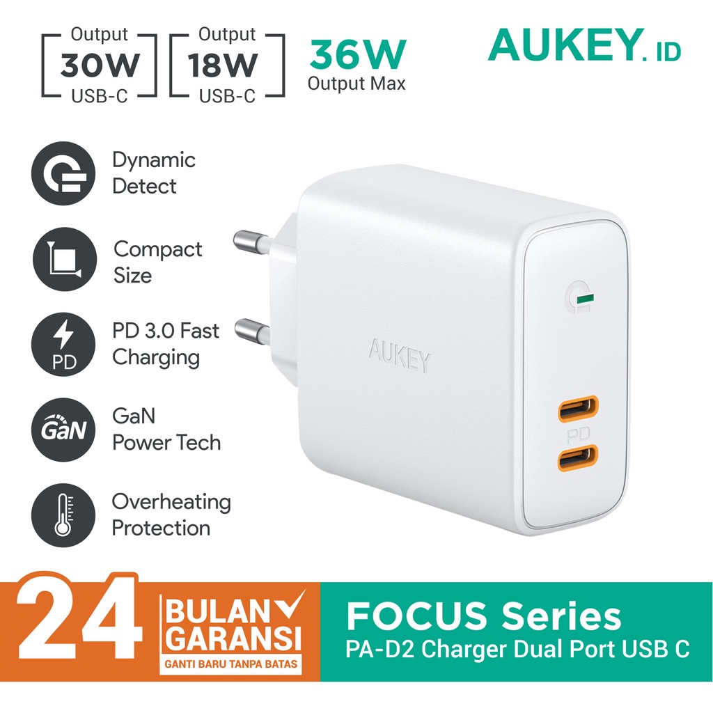 Charger Aukey PA-D2 36W Dual Port USB-C PD