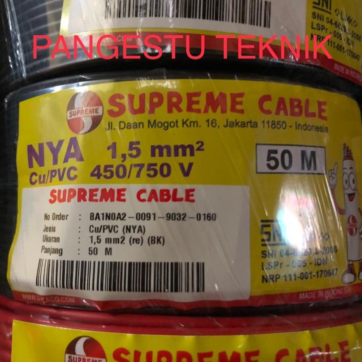 Kabel NYA / TUNGGAL 1.5 mm Hitam SUPREME / 50 Meter