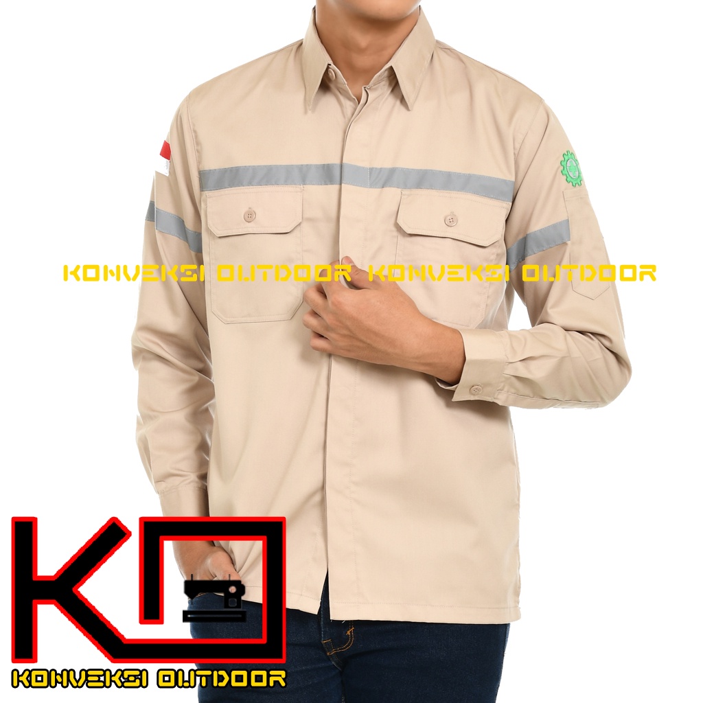 BAJU KEMEJA SAFETY WEARPACK K3 OUTDOOR PREMIUM LENGAN PANJANG - Seragam Proyek Pria Kerja Lapangan Bangunan Tambang Alat Berat PLN Enginer Instalasi Mesin Warepack Werpak Werpack Warepak Warpack Warpak Teknisi scotlet Warna Cream Konveksi Outdoor