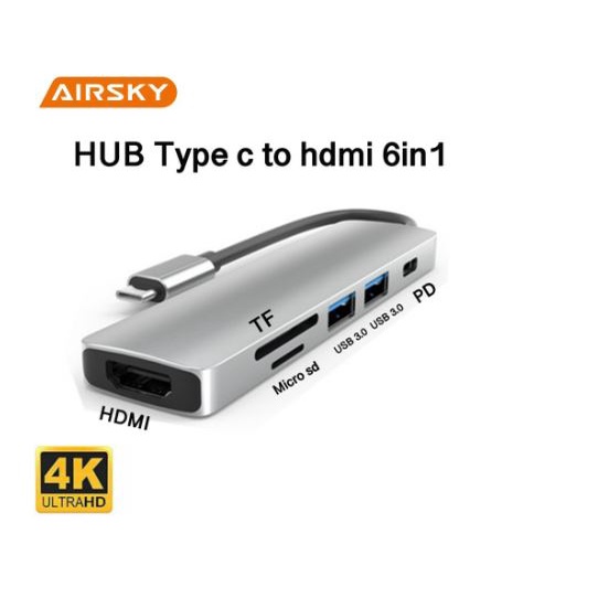 Type-c to hdmi Usb 2.0 3.0 hub card reader sd tf pd airsky 4k 30hz UHD 5Gbps 480Mbps 55w hc-13c - Usb-c 6in1 air sky