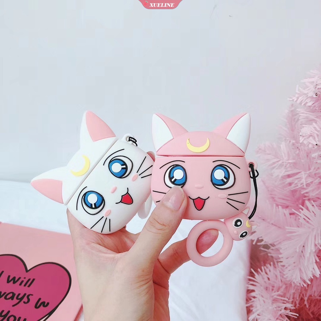 Cover Pelindung Headphone Bluetooth Bahan Silikon Anti Jatuh Motif Kartun Sailor Moon Luna Cat Untuk AirPods 1 2