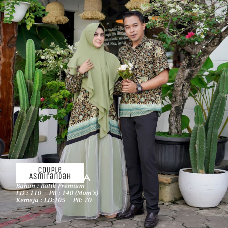 Couple Asmirandah Bahan Batik Premium Kombinasi Ceruty & Renda+Khimar Ceruty+Kemeja Batik Premium
