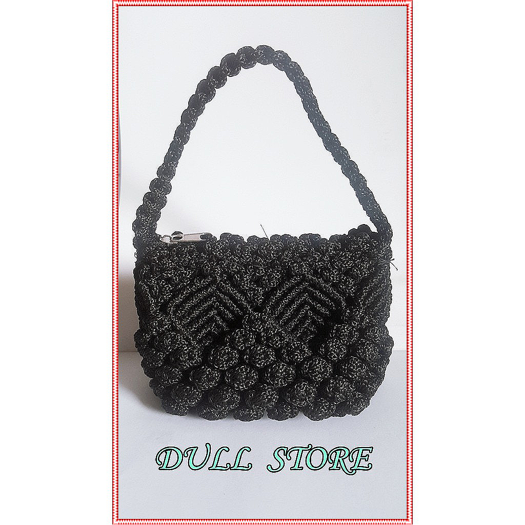 DOMPET RAJUT WANITA CANTIK FULL HITAM/ DOMPET HANDMADE RAJUT WANITA/ DOMPET RAJUT TALI KUR /