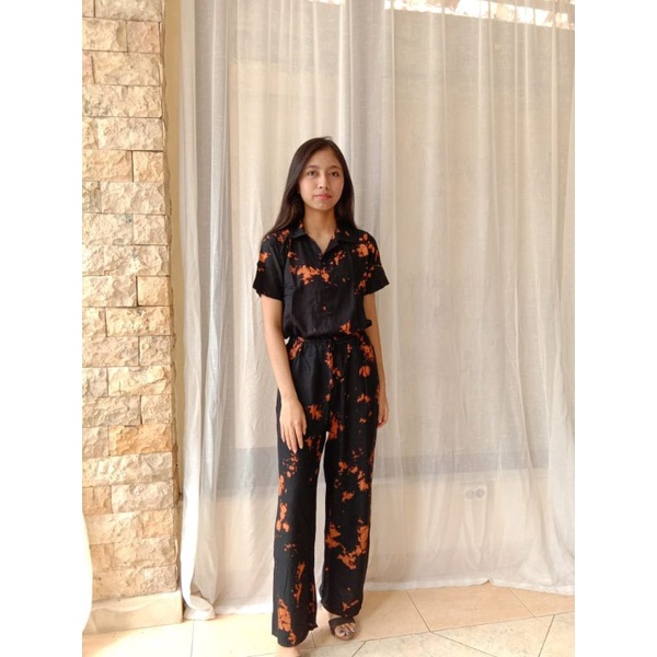 One Set Setelan Tie Dye Bali Kemeja Lengan Pendek - ONE SET Piyama Tie Dye Wanita & Pria GROSIR-GKS HItamCoklat