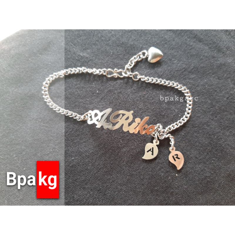 Gelang inisial ukir nama 2 gantungan # Gelang monel besi putih asli anti karat silver murah wanita l