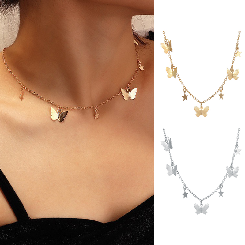 AY(CN) Kalung Rantai Choker Liontin Butterfly Star Warna Gold Silver Gaya Korea Untuk Wanita