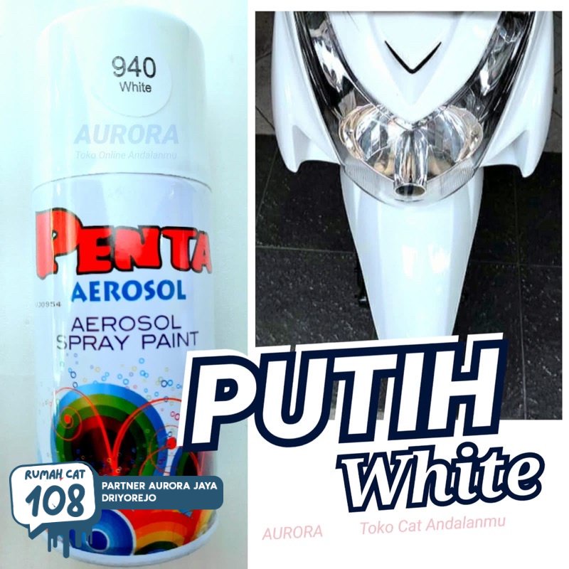 

Rumah Cat - PENTA AEROSOL WHITE 940 PUTIH SUPER GLOSS cat semprot spray pilok pilox pylox sepeda motor mobil Rumah Cat Motor dan Mobil