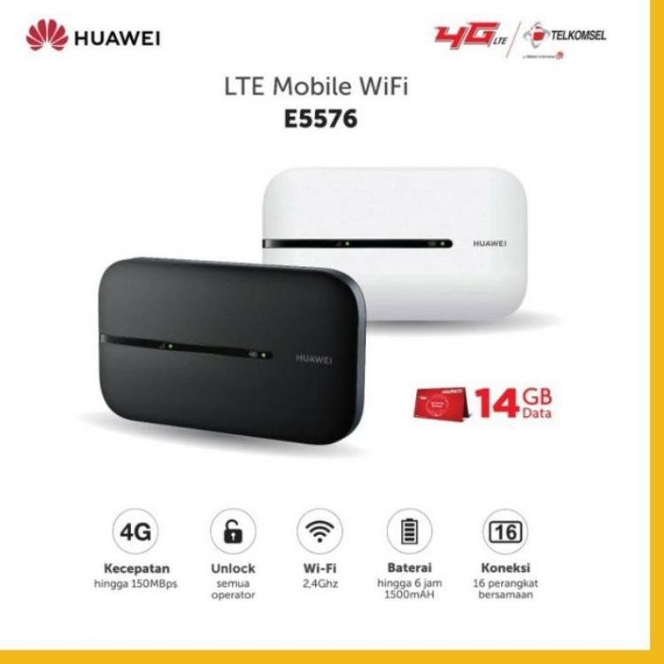Modem E5576 Mifi 4G Huawei Wifi Unlock BYPASS Free Telkomsel 14GB (ART. 0200)