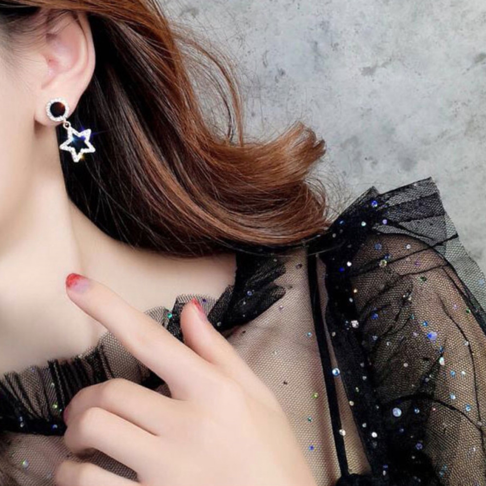 S925 Silver Korea Anting Pentagram Anting Berlian Bulat