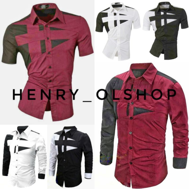 KEMEJA KOMBINASI KEKINIAN BAJU LAKI LAKI PAKAIAN LENGAN PANJANG PENDEK WARNA HITAM PUTIH MAROON BAHA