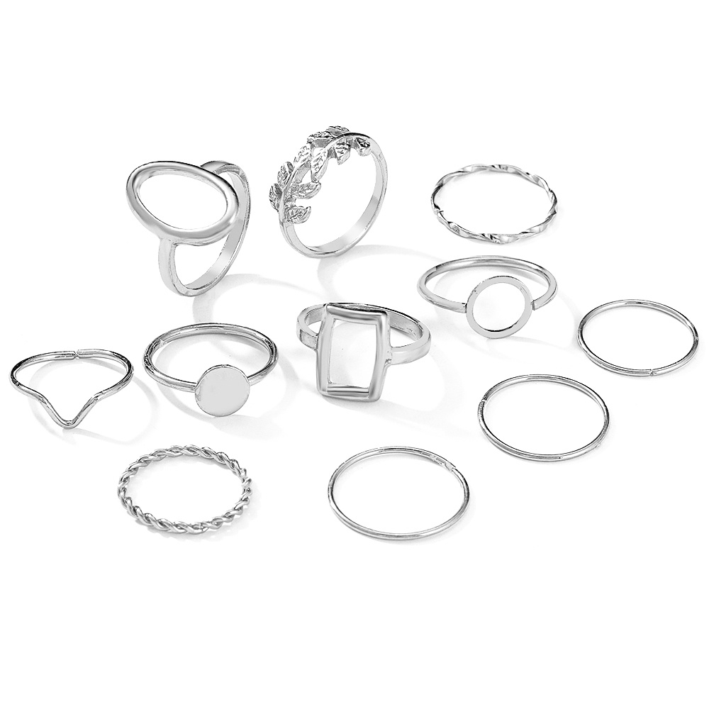 11 Pcs/set Geometry Leaf Rings Set Vintage Freestyle Collocation Gold Silver Ring for Women Fashion Jewelry Accessories