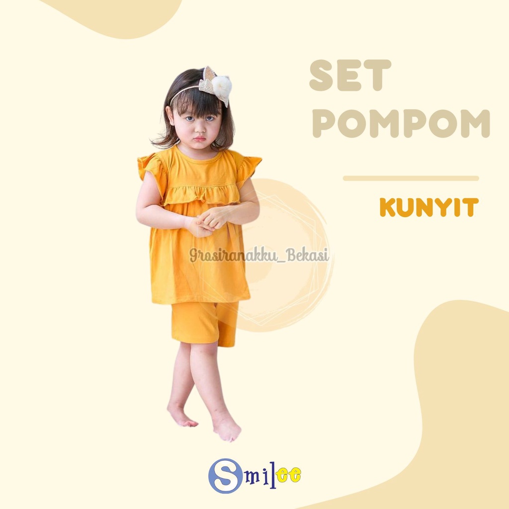 Setelan Anak Kaos Smilee Pompom Warna Kuning Kunyit Size 1-5Thn