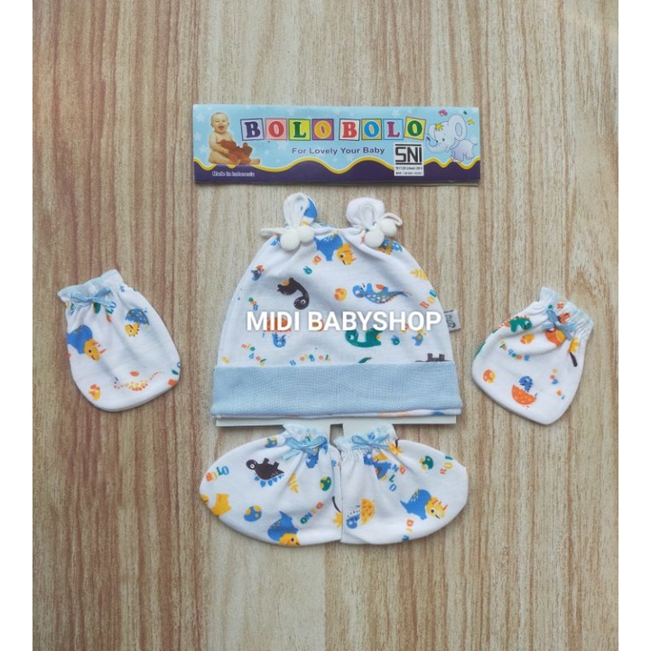 1 Set Topi dan Sarung Tangan Kaki Bayi Motif Lucu Bolo Bolo SNI