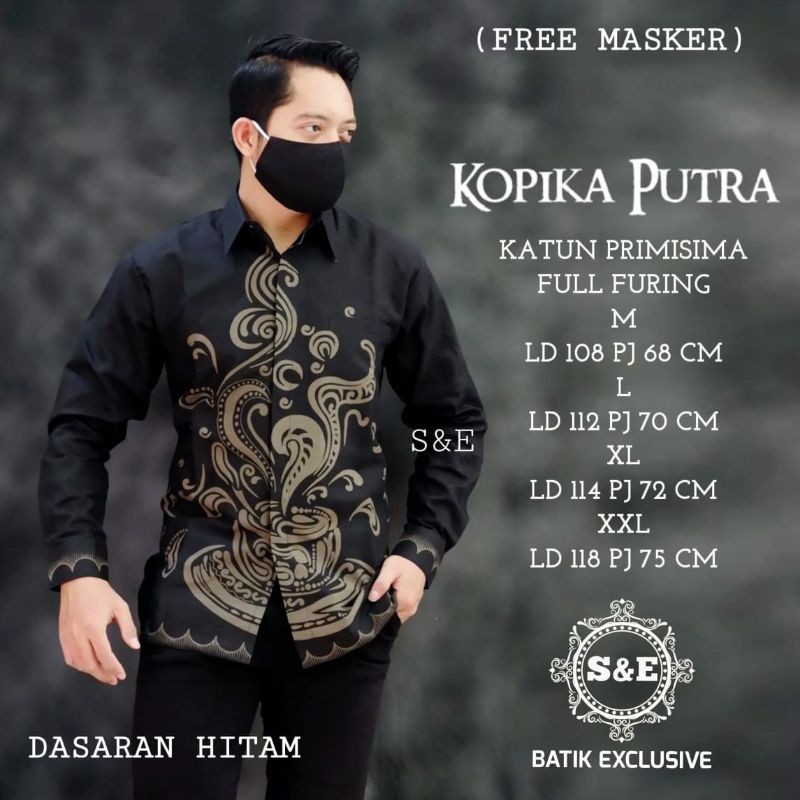 Kemeja Batik Lengan Panjang Exclusive Terbaru Batik Pria Warna Hitam Free Masker KOPIKA PUTRA