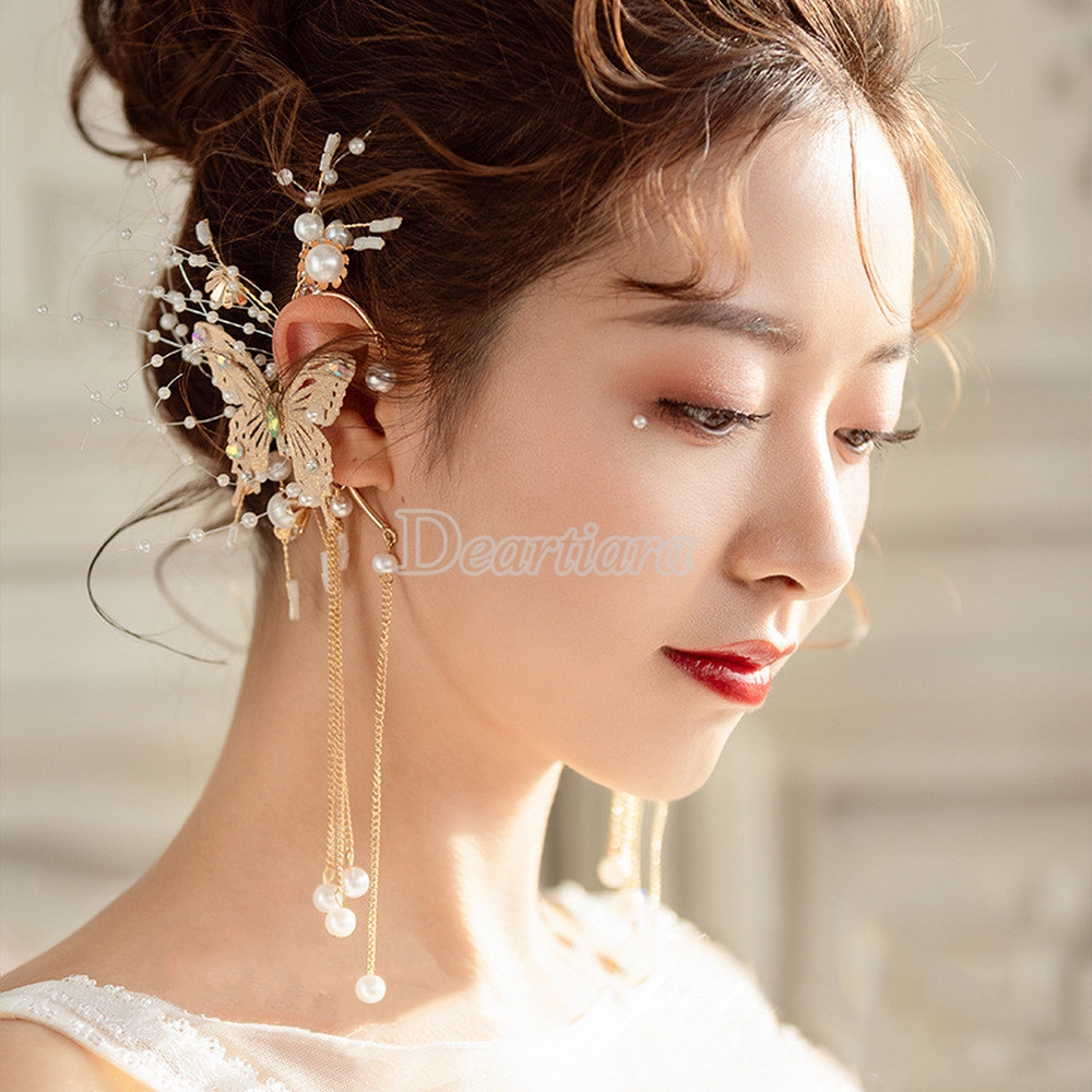 Bridal Jewelry Side Earhook Hair Accessories Golden Butterfly Tassel Jewelry Korean Style Wedding Dress Accessories