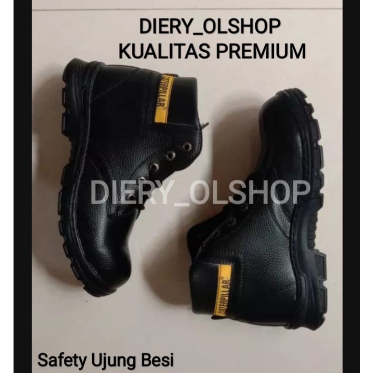 Sepatu safety boots Caterpillar ujung besi, safety tali pendek kerja proyek
