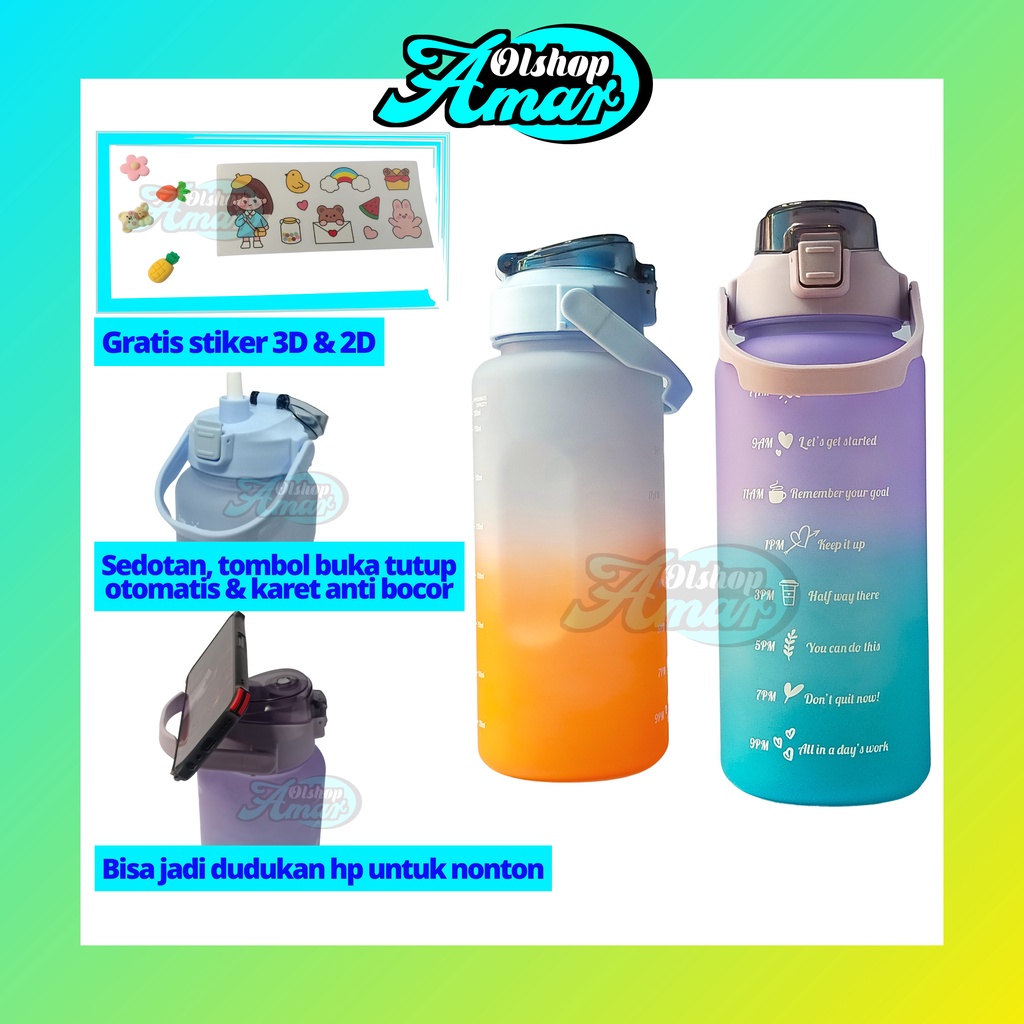 Botol tempat air minum anak motivasi viral besar 2 liter unik lucu stiker 2D & 3D / Botol minum 2L /