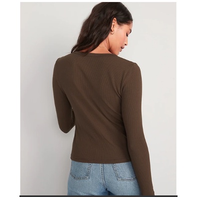 Old Navy Fitted Long Sleeve Rib Knit Henley Top For Women | Pakaian Lengan Panjang Wanita