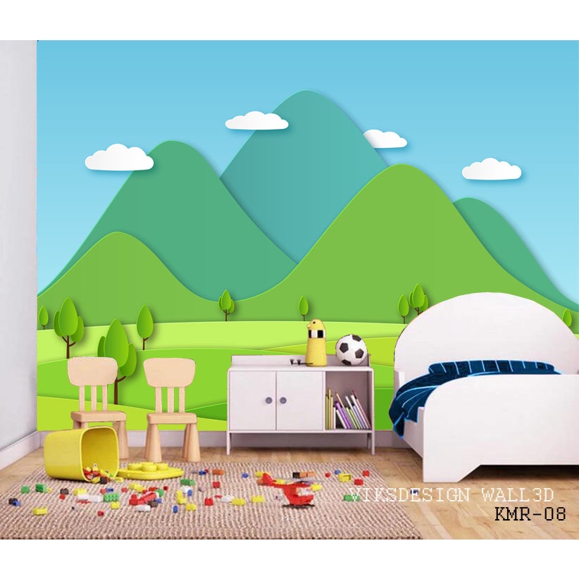 PUSAT CETAK print wallpaper surabaya, stiker dinding kamar anak wanita gambar kartun pegunungan 3d