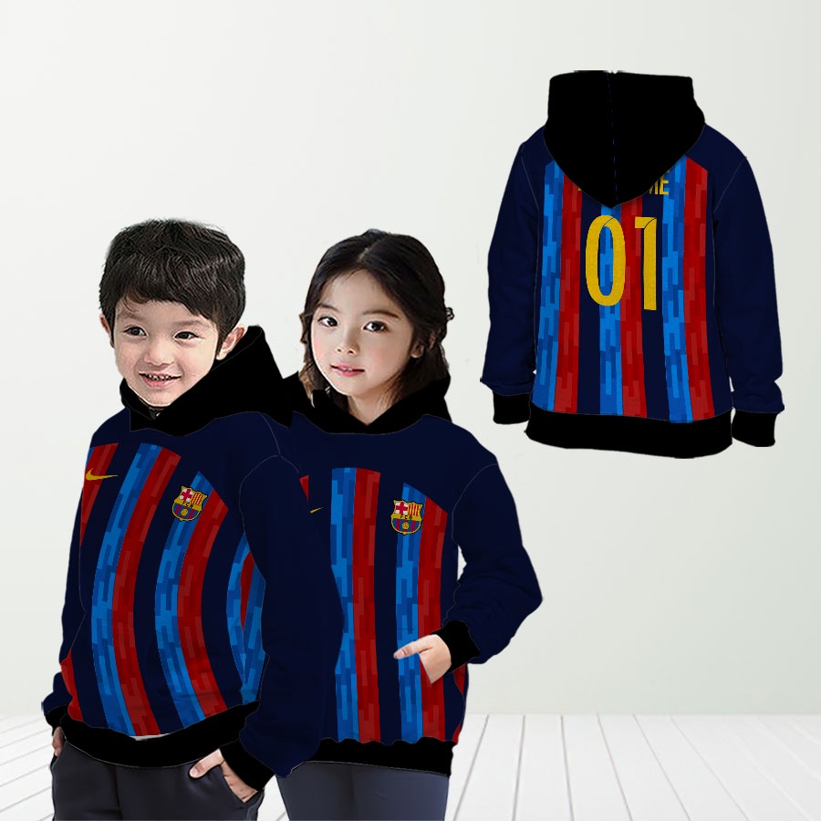 Jaket Hoodie Anak Jersey Sepakbola Barcelona 2022-2023 Full Printing Custom