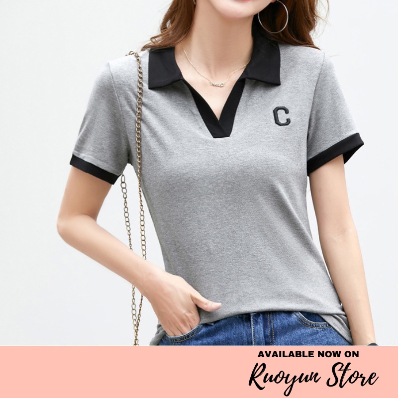 RYX - Tight CC Korean Polo T-Shirt Crop Top V-Neck Wanita Fashion Casual / Jalan-Jalan - Ori Import