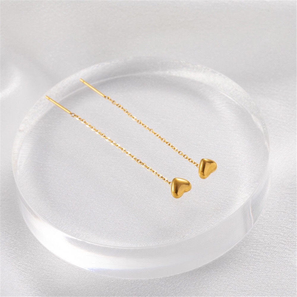 【COD Tangding】Solid Heart Line Tassel Heart Gold Heart-shaped Long Ear Line INS Face Thin Ear Chain Fashion Accessories Jewelry