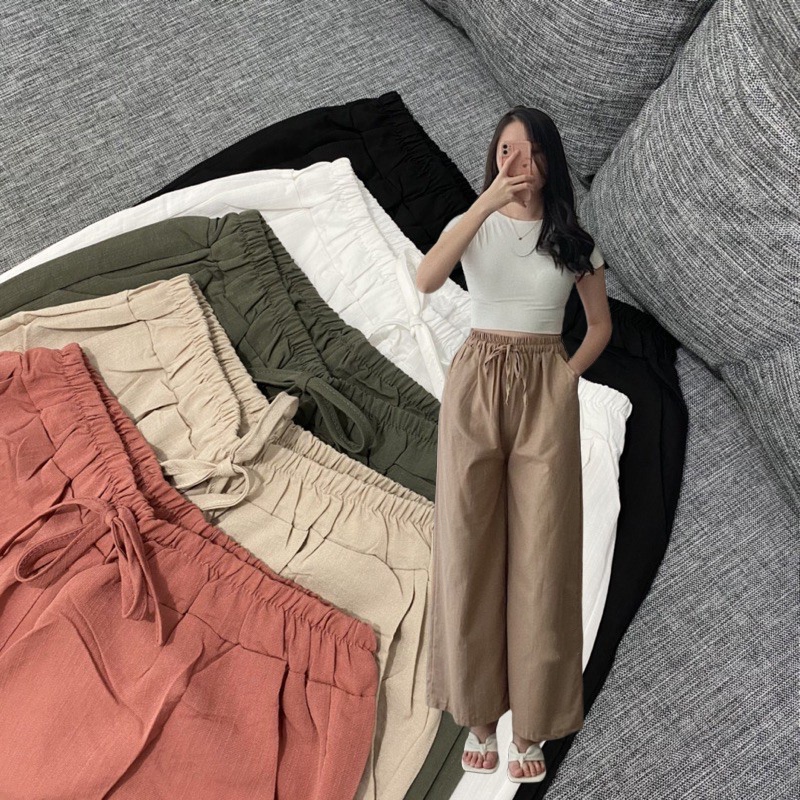 Celana Kulot Linen Highwaist Pinggang Karet Wide Leg Cullote/Kulot Linen Premium Laura Slim Highwaist