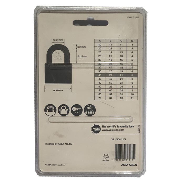 Yale YE1-40-122-4 Indoor Brass Standard Shackle Padlock 40mm 4Pcs