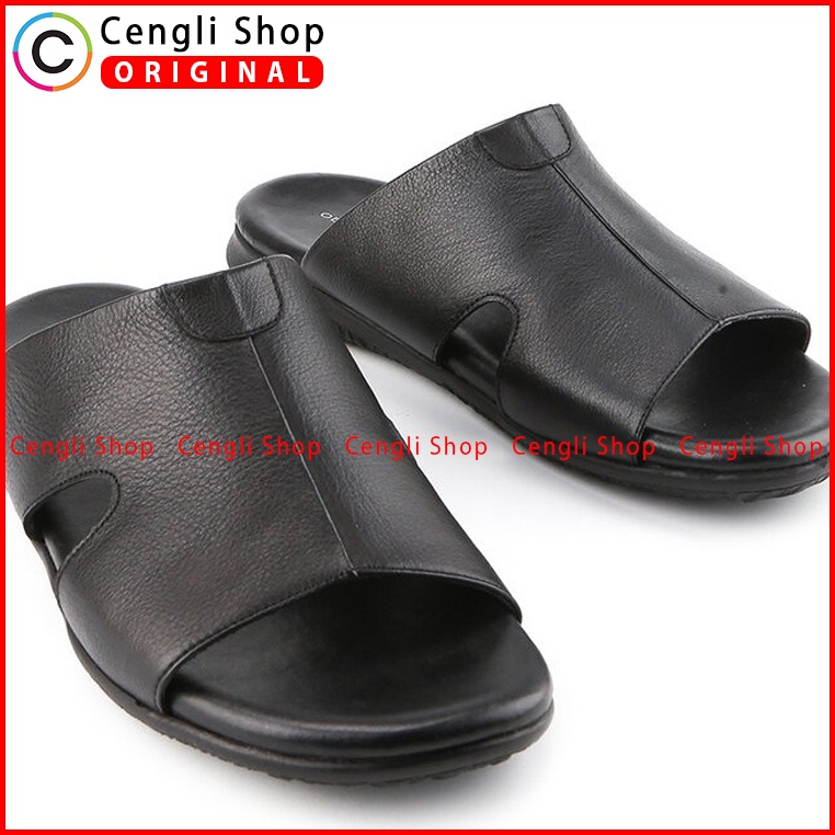 SANDAL KULIT OBERMAIN PRIA ORIGINAL SLIDE CASUAL BRANDED HITAM OM08