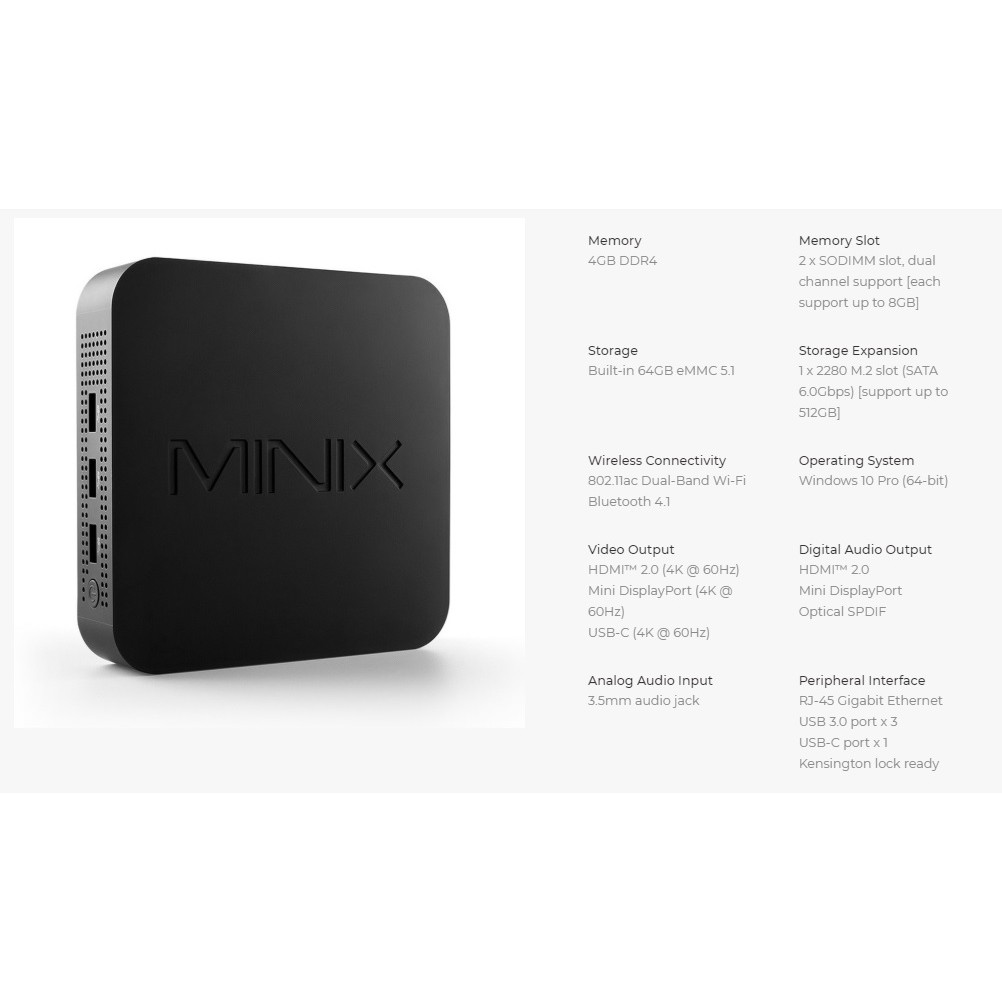 MINIX J50C-4-64 Mini PC- Intel J500C RAM 4GB ROM 64GB - Windows 10 Pro - MINI PC 4GB/64GB Expandable