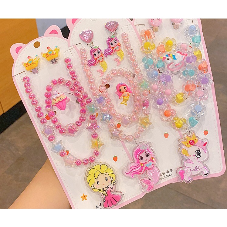 Anak-anak Kalung Set LED+Gelang Mutiara Import Karakter Frozen/Mermaid/Unicorn (Bisa Nyala ada LED)