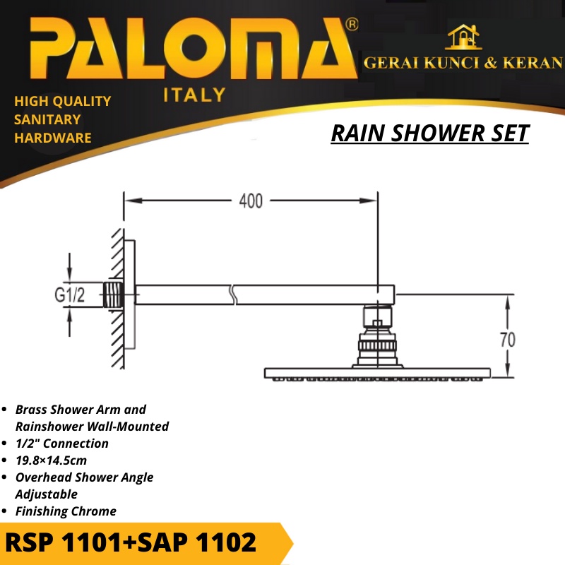 PALOMA RAINSHOWER SET RSP 1101 SAP 1102 BRASS CHROME KEPALA SHOWER