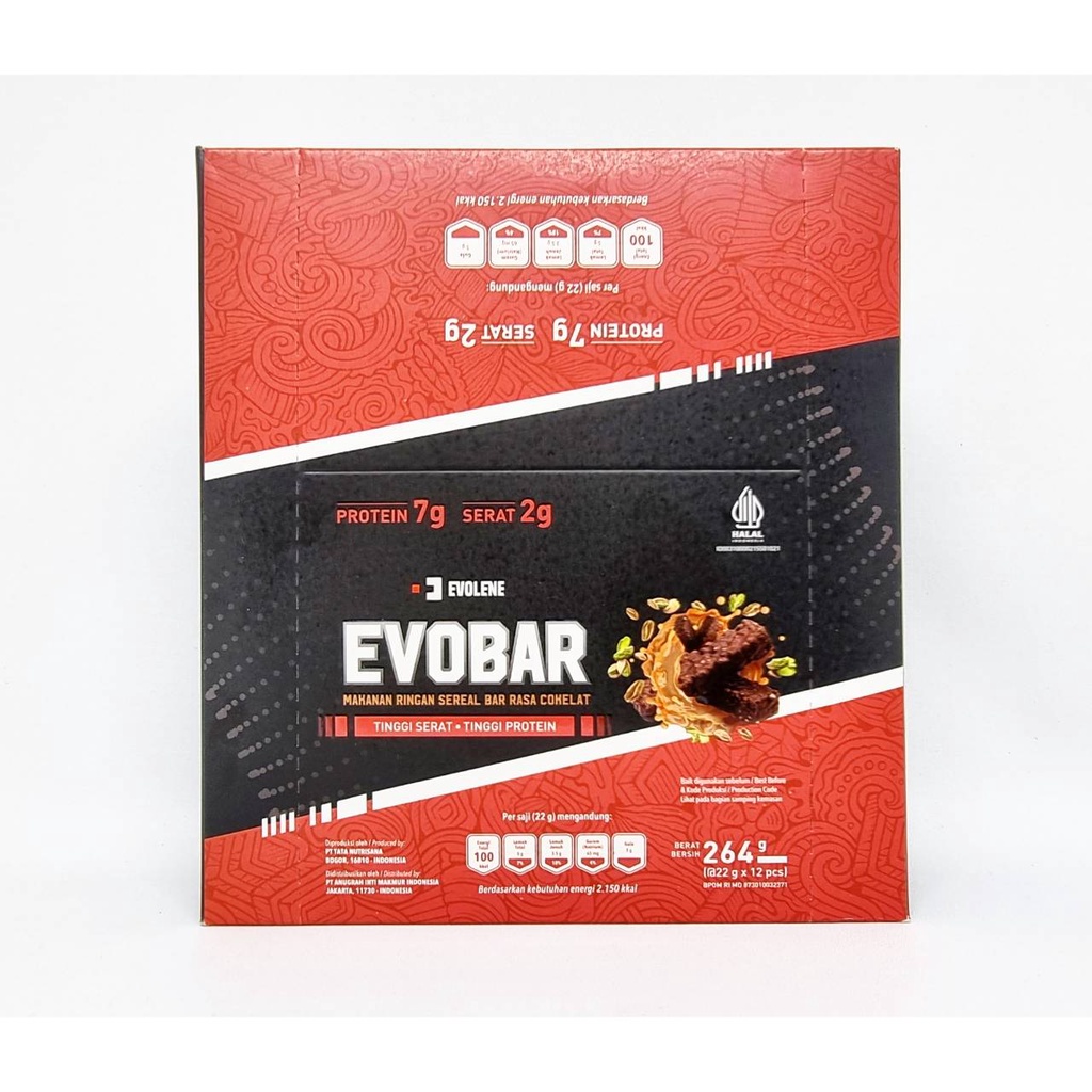 EVOBAR Evolene 12 sachets 264 grams EVO BAR 1 BOX High Protein Bar Snack Diet Sereal Biskuit Whey Protein EvoWhey Isolene Evomass Crevolene Prevo Evoboost ORIGINAL BPOM EVO BAR EVOLEN EVOLIN EVOLINE SNACK SEHAT