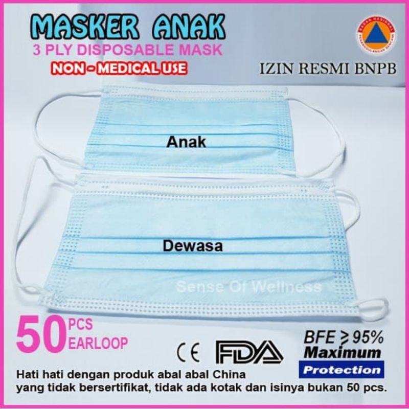 Masker Medis Anak 3ply Earloop Isi 50 - Masker Bedah Medis Surgical Mask Earloop Anak