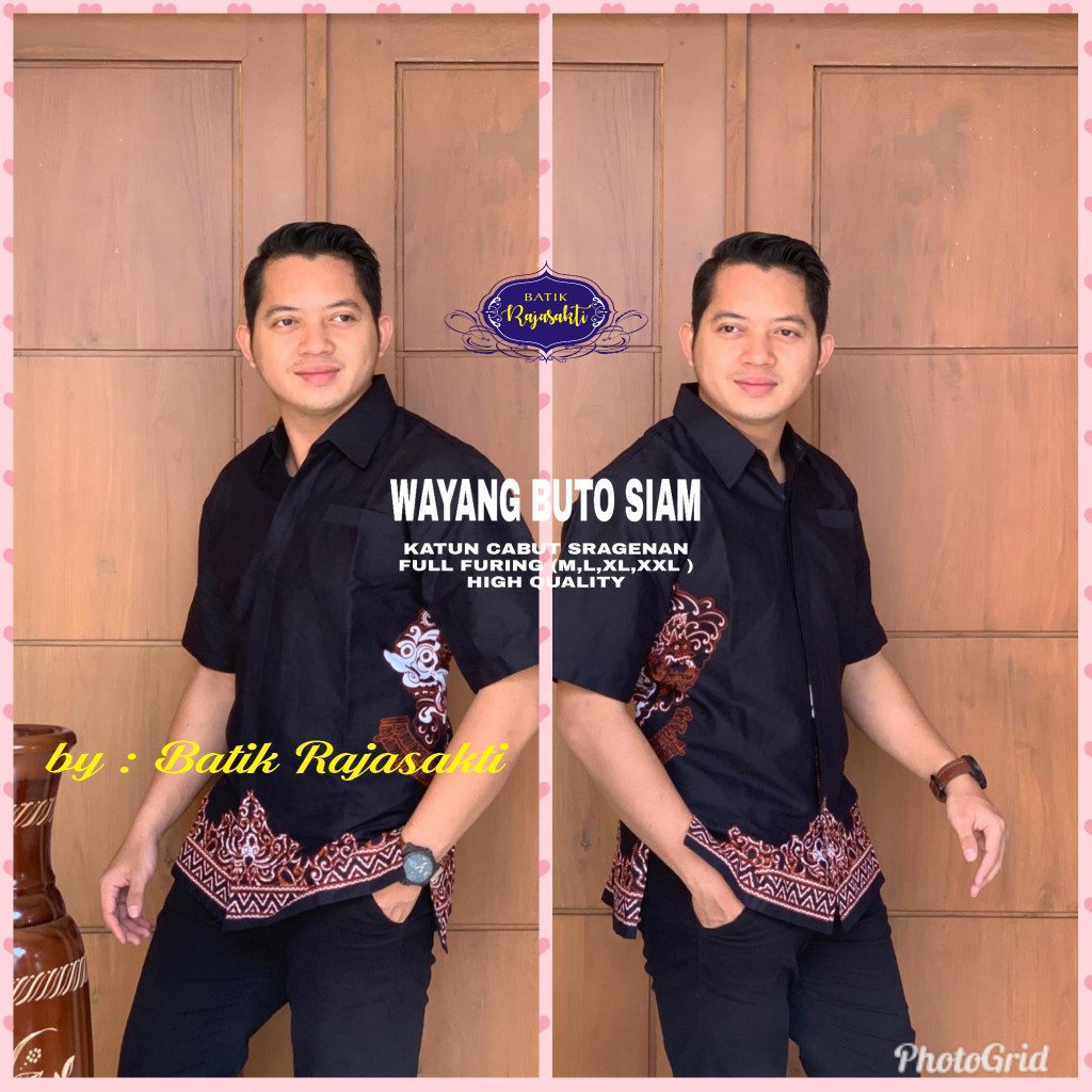 WAYANG BUTO RAJASAKTI KEMEJA BATIK SOLO PRIA LENGAN PENDEK LAPIS FURING ATASAN BATIK PREMIUM MODERN KATUN HALUS BAHUWIRYA  BANAMITRA BANAMITRA PUTIH BANGSAWAN BAYU PUTRA BERLIAN BIRU BHARATAYUDA BIMASENA BIRENDRA BIRU INDAH BRAHMAKERTA BRAHMAKERTA MERAH