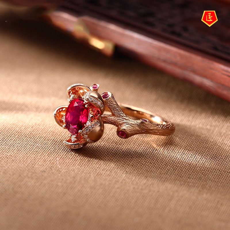 [Ready Stock]Creative Flowers Red Tourmaline Ring 18K Rose Gold