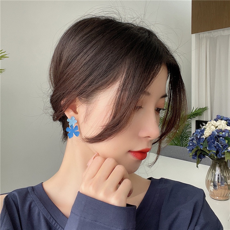 Sterling silver jarum biru bunga anting-anting elegan Super fairy 2021 Baru kancing klip telinga ant